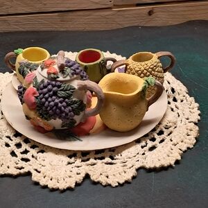 Vintage Ceramic Mini Tea Set Fruit Teapot Grapes Strawberries Cottagecore Decor